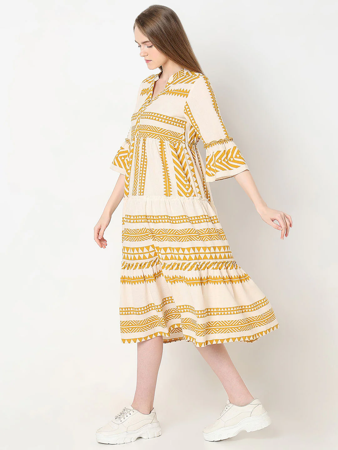 Cream Printed Cotton Midi Dress - Image 3