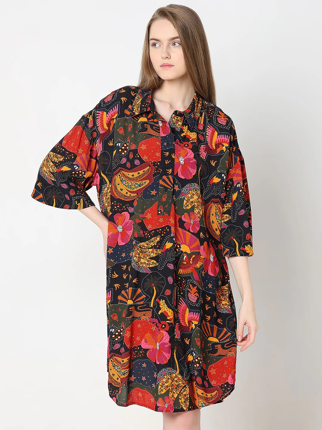 Black Abstract Print Shirt Dress - Image 2