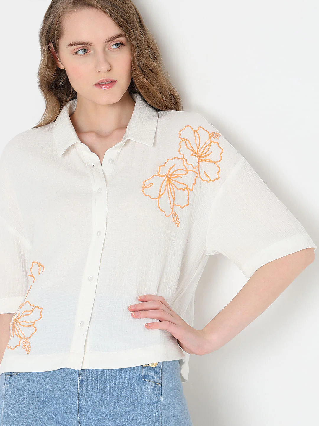 White Embroidered Print Shirt - Image 6