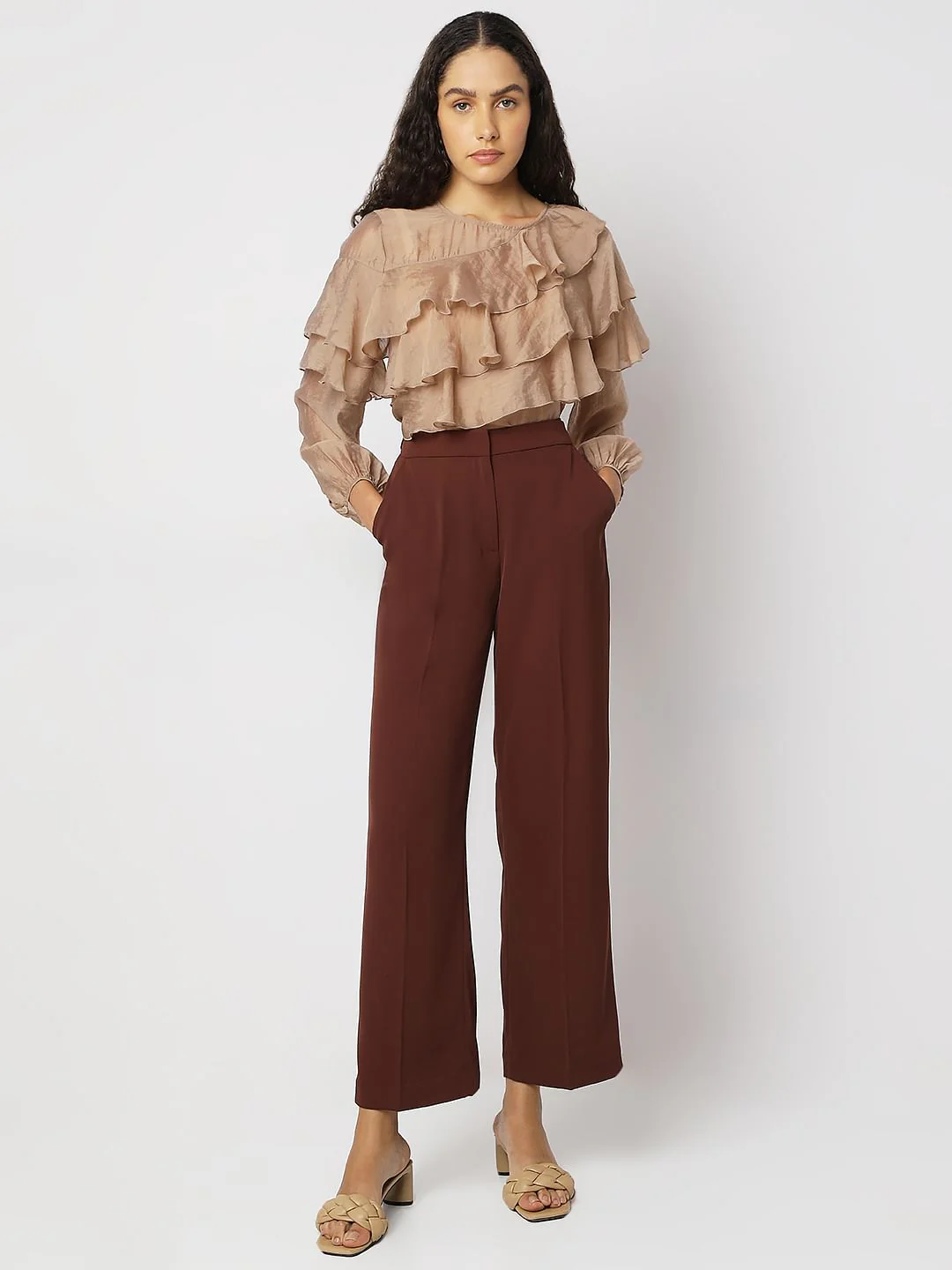Brown High Rise Wide Leg Pants - Image 5