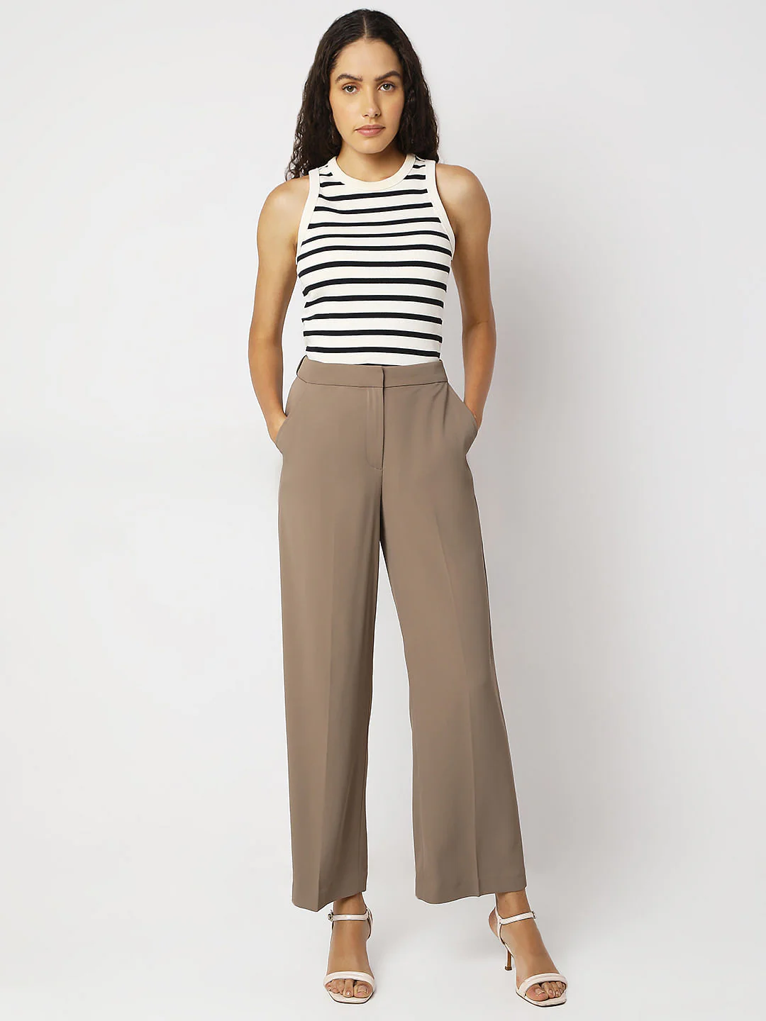 Beige High Rise Straight Fit Pants - Image 5