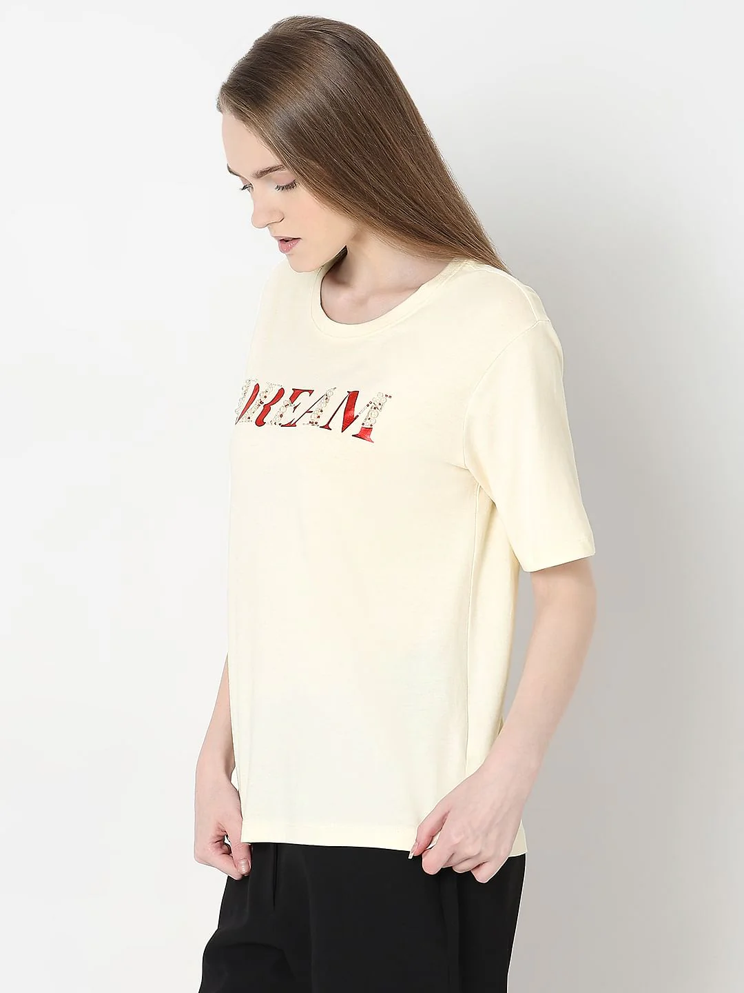 Cream Embellished Text T-Shirt - Image 3