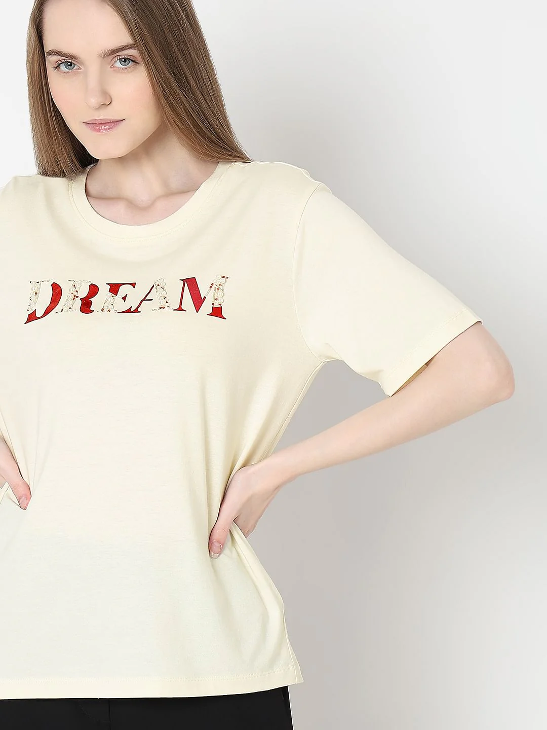 Cream Embellished Text T-Shirt - Image 6