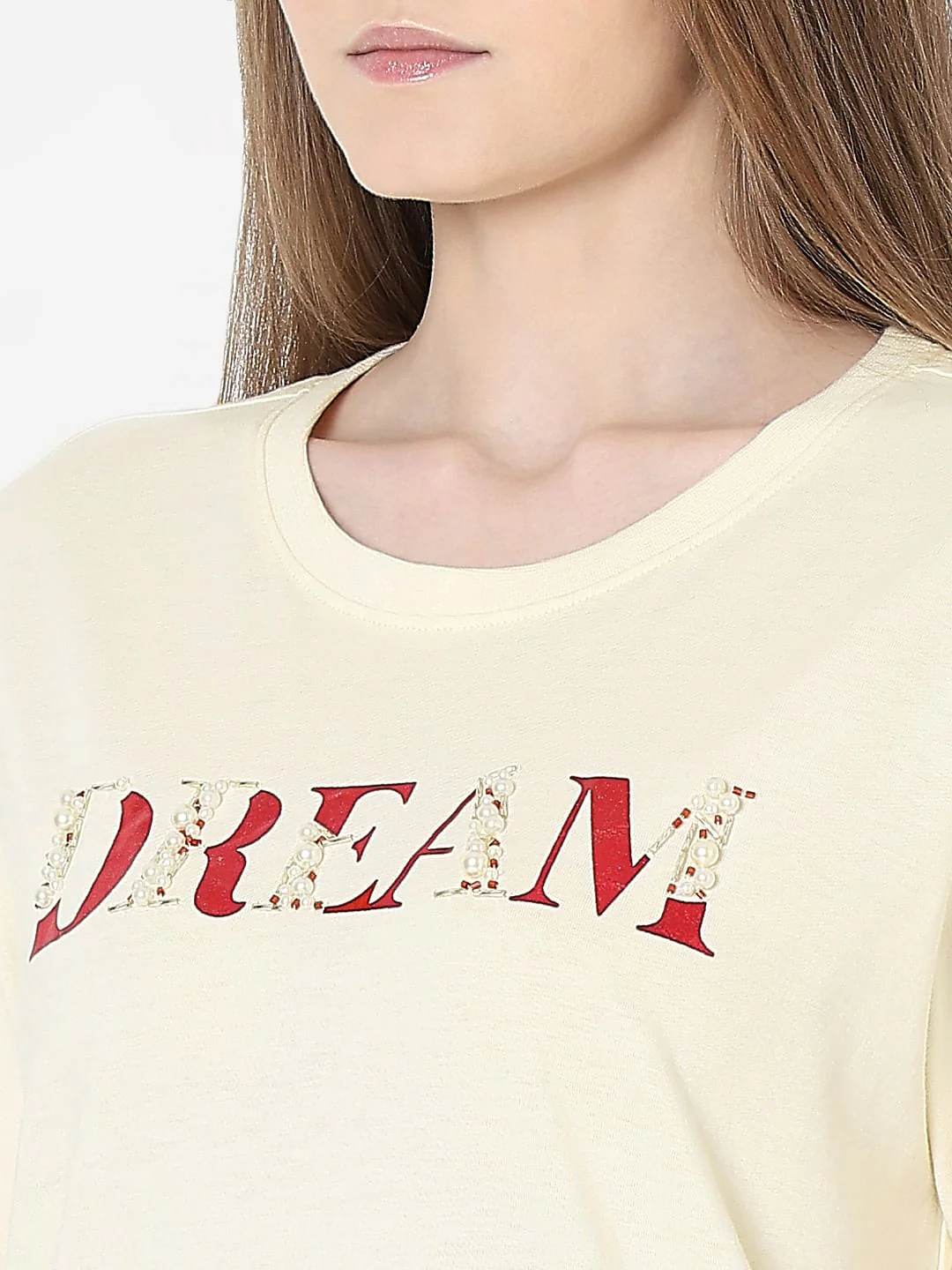Cream Embellished Text T-Shirt - Image 8