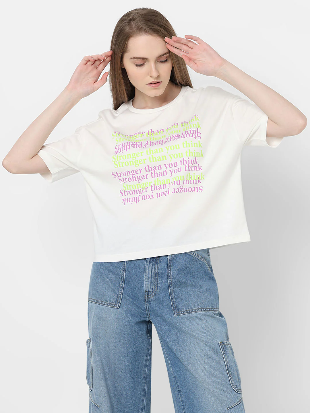 White Text Print Cotton T-Shirt - Image 2