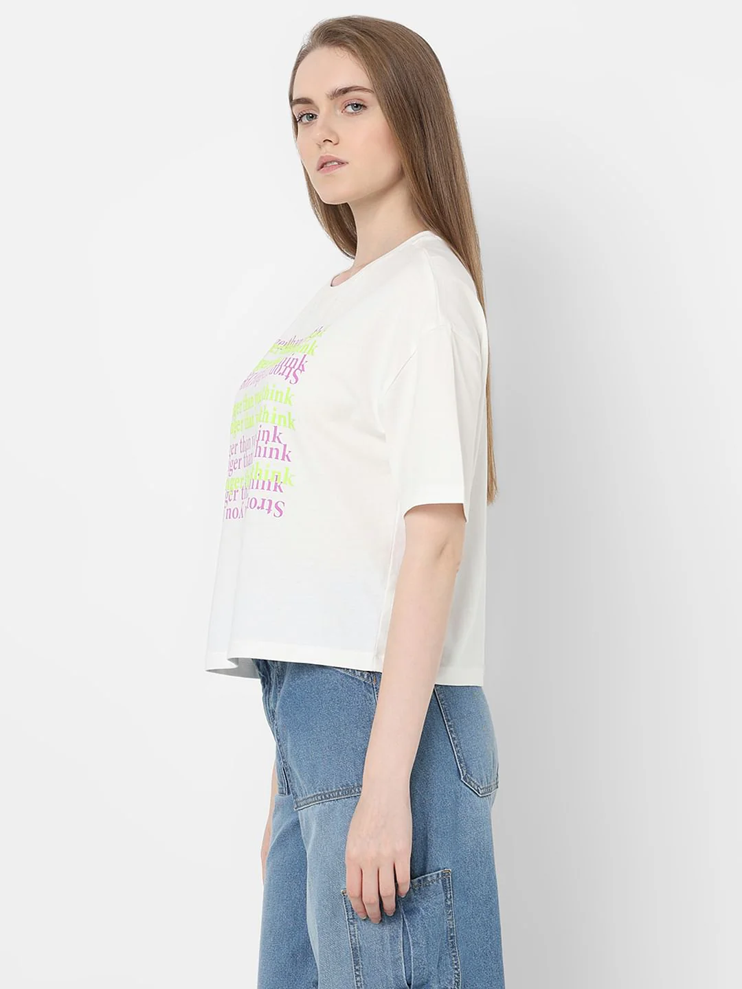 White Text Print Cotton T-Shirt - Image 3