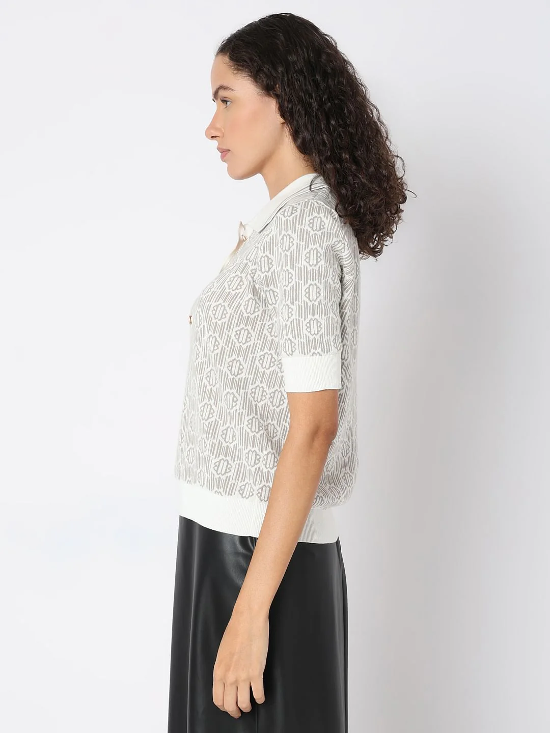 Beige Polo Neck Printed Knit Top - Image 3