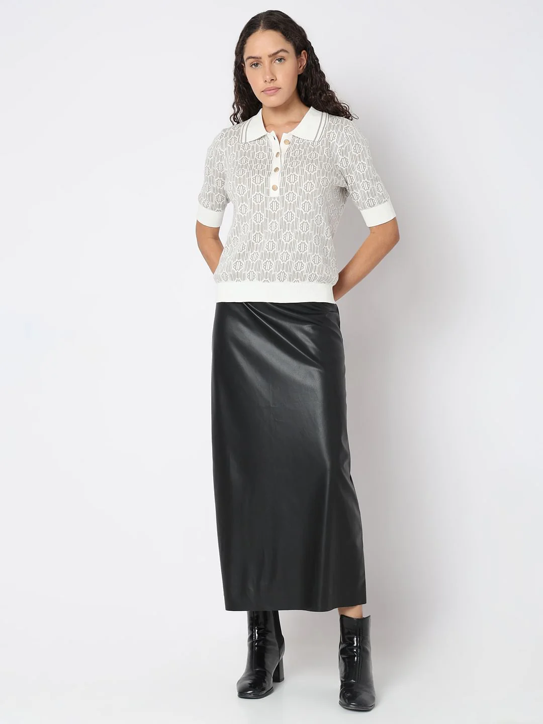 Beige Polo Neck Printed Knit Top - Image 5
