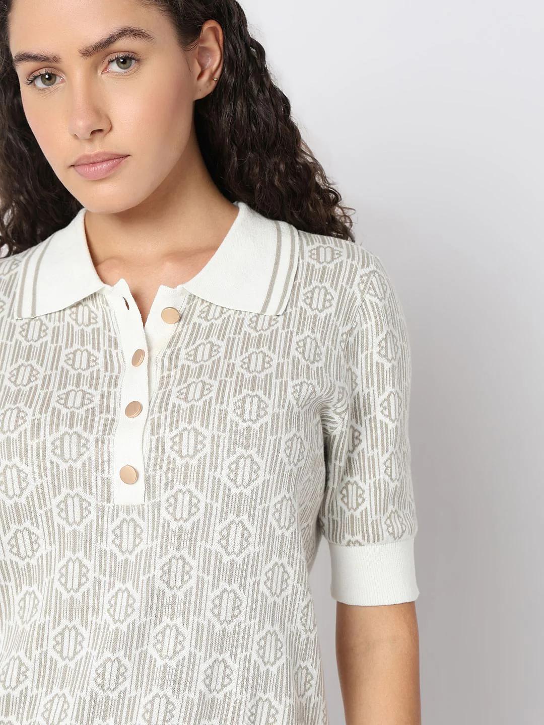 Beige Polo Neck Printed Knit Top - Image 6