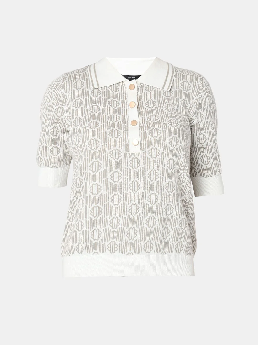 Beige Polo Neck Printed Knit Top - Image 7