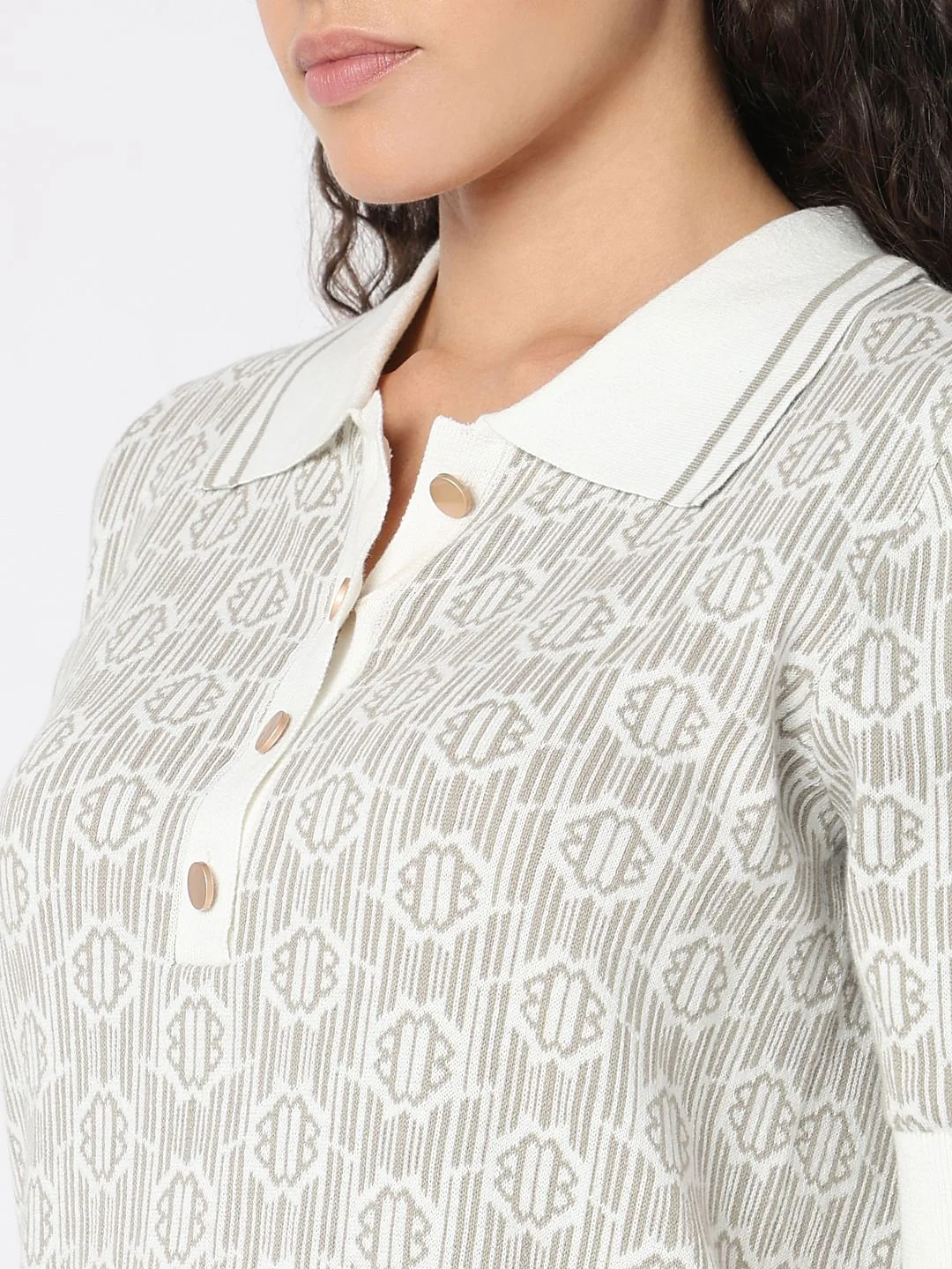 Beige Polo Neck Printed Knit Top - Image 8