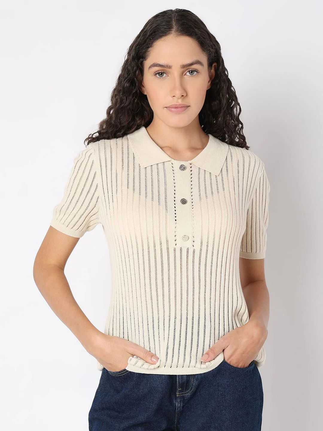 Beige Polo Neck Short Sleeve Top - Image 2