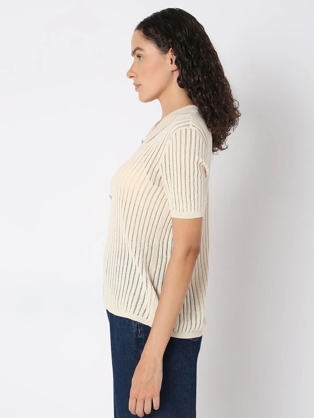 Beige Polo Neck Short Sleeve Top - Image 3