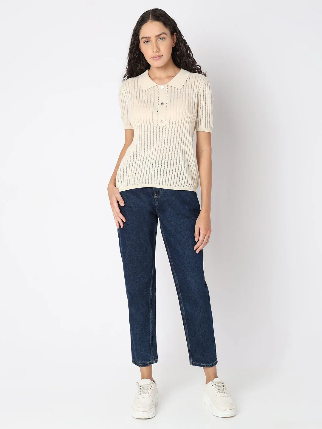 Beige Polo Neck Short Sleeve Top - Image 5