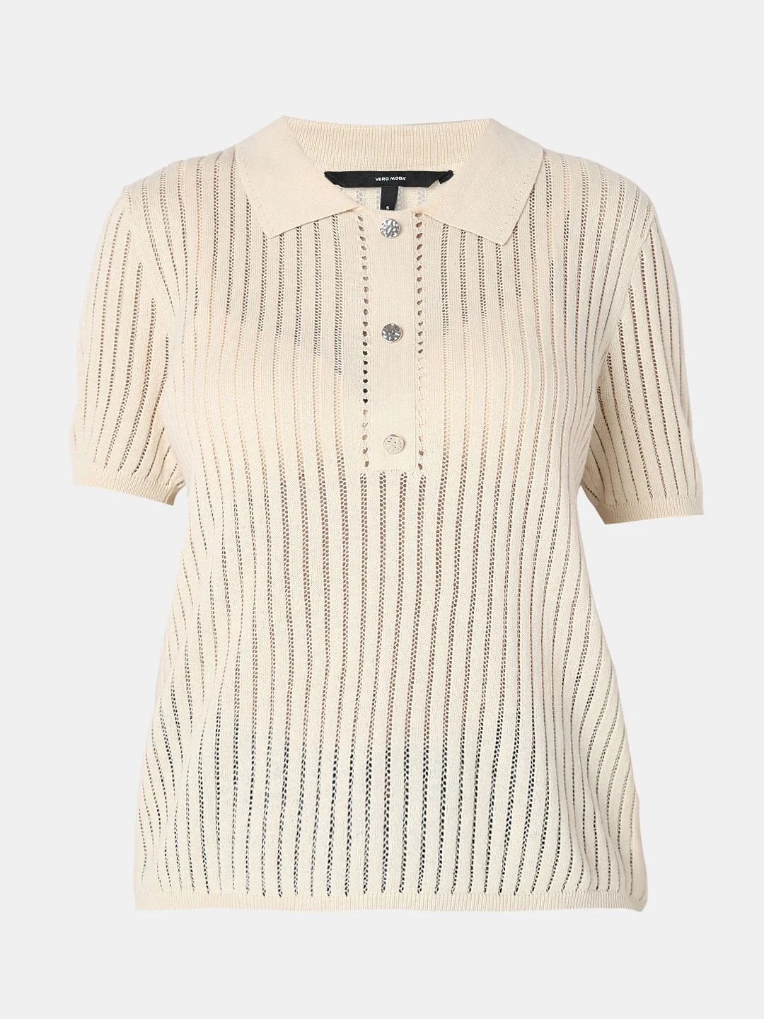 Beige Polo Neck Short Sleeve Top - Image 7