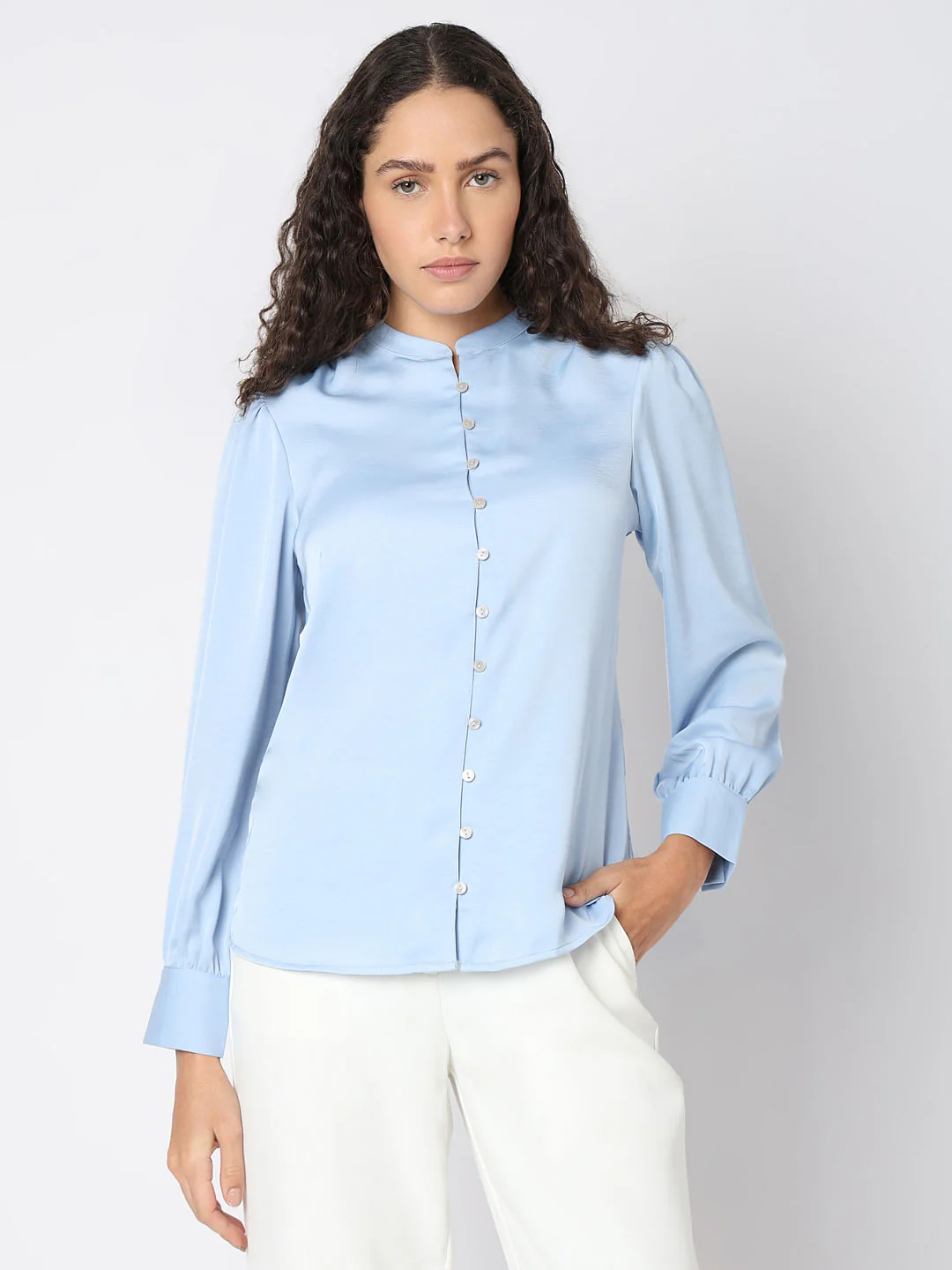 Powder Blue Mandarin Collar Top - Image 2