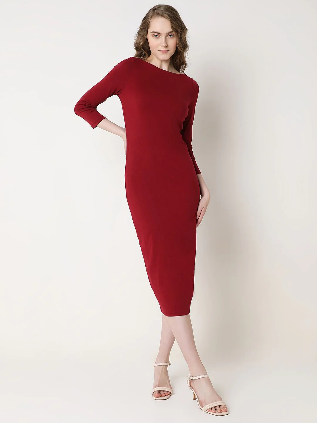 Dark Red Sheath Midi Dress - Image 2