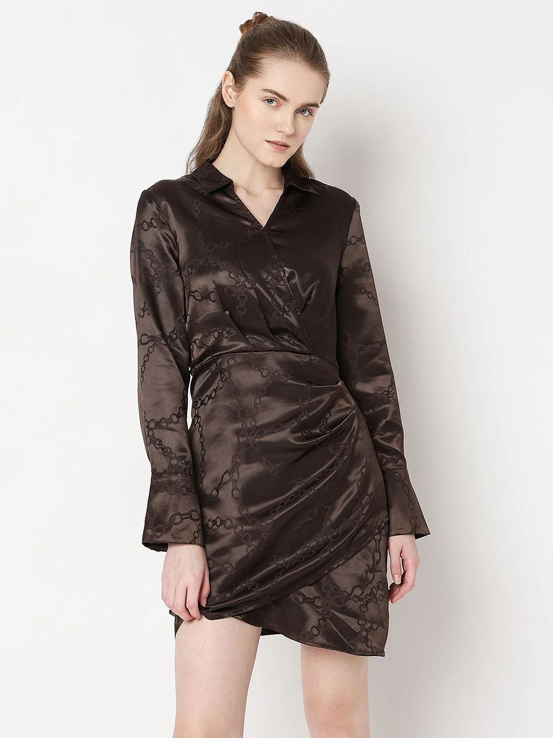 Brown Abstract Print Wrap Dress - Image 2