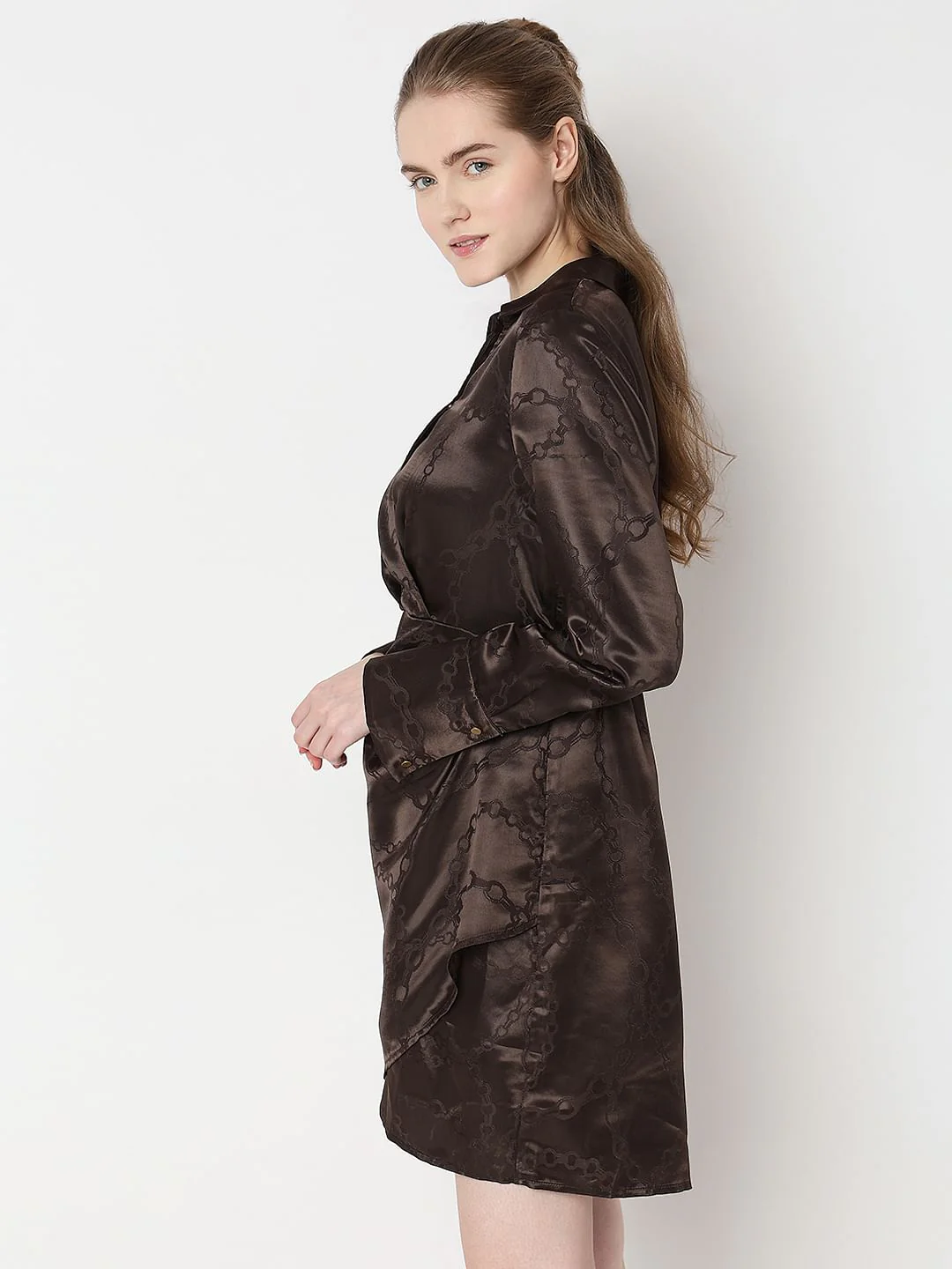 Brown Abstract Print Wrap Dress - Image 3