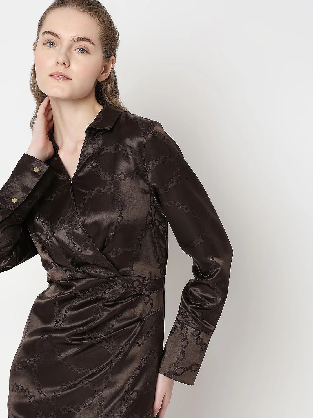 Brown Abstract Print Wrap Dress - Image 6