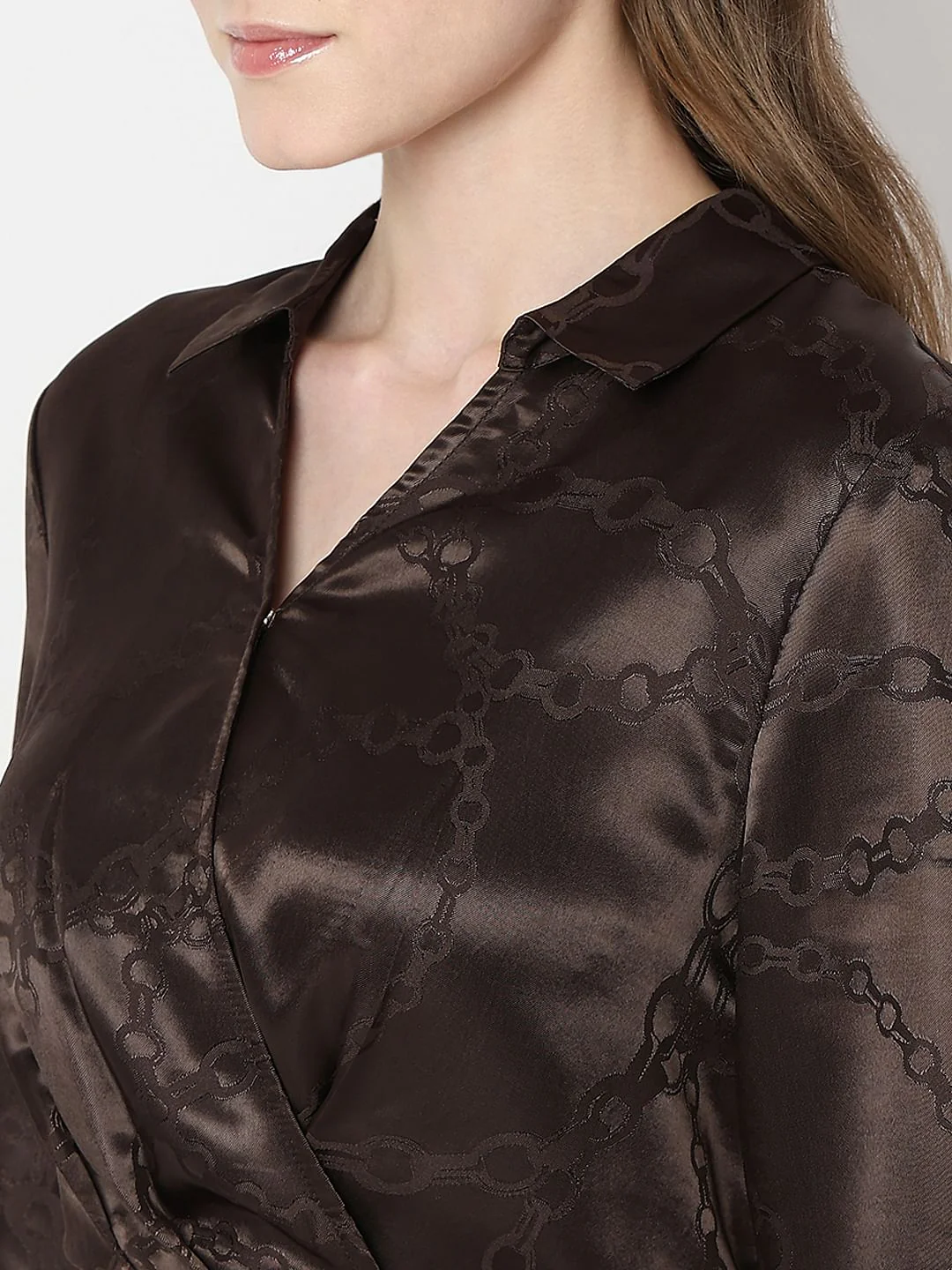 Brown Abstract Print Wrap Dress - Image 8