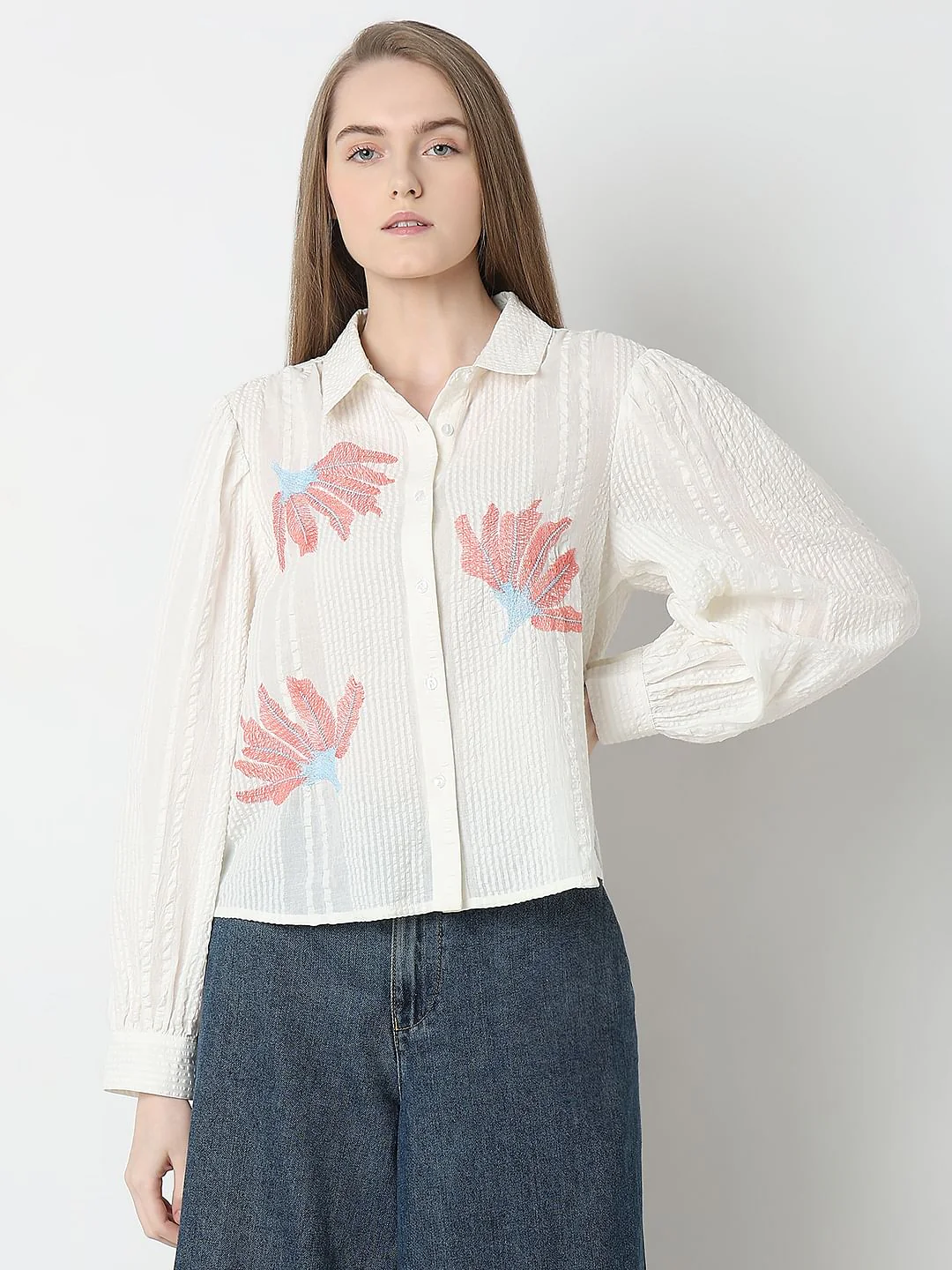 White Floral Cotton Textured Shirt - Image 2
