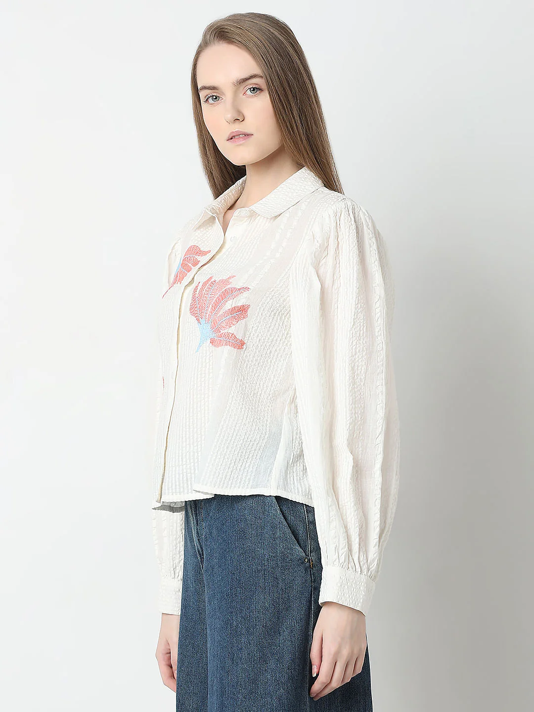 White Floral Cotton Textured Shirt - Image 3