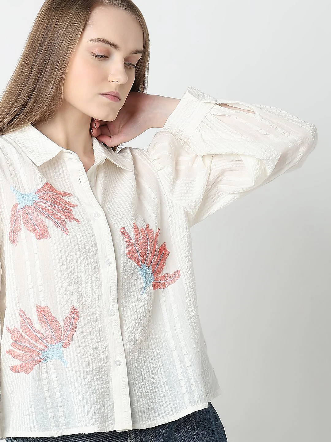 White Floral Cotton Textured Shirt - Image 6