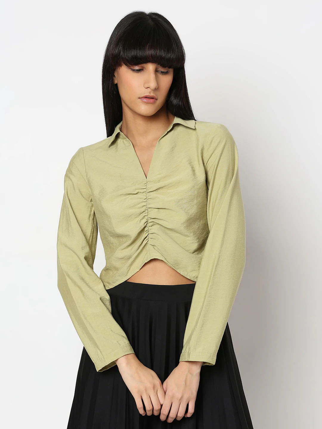 Green Ruched Cropped Shirt - Image 2
