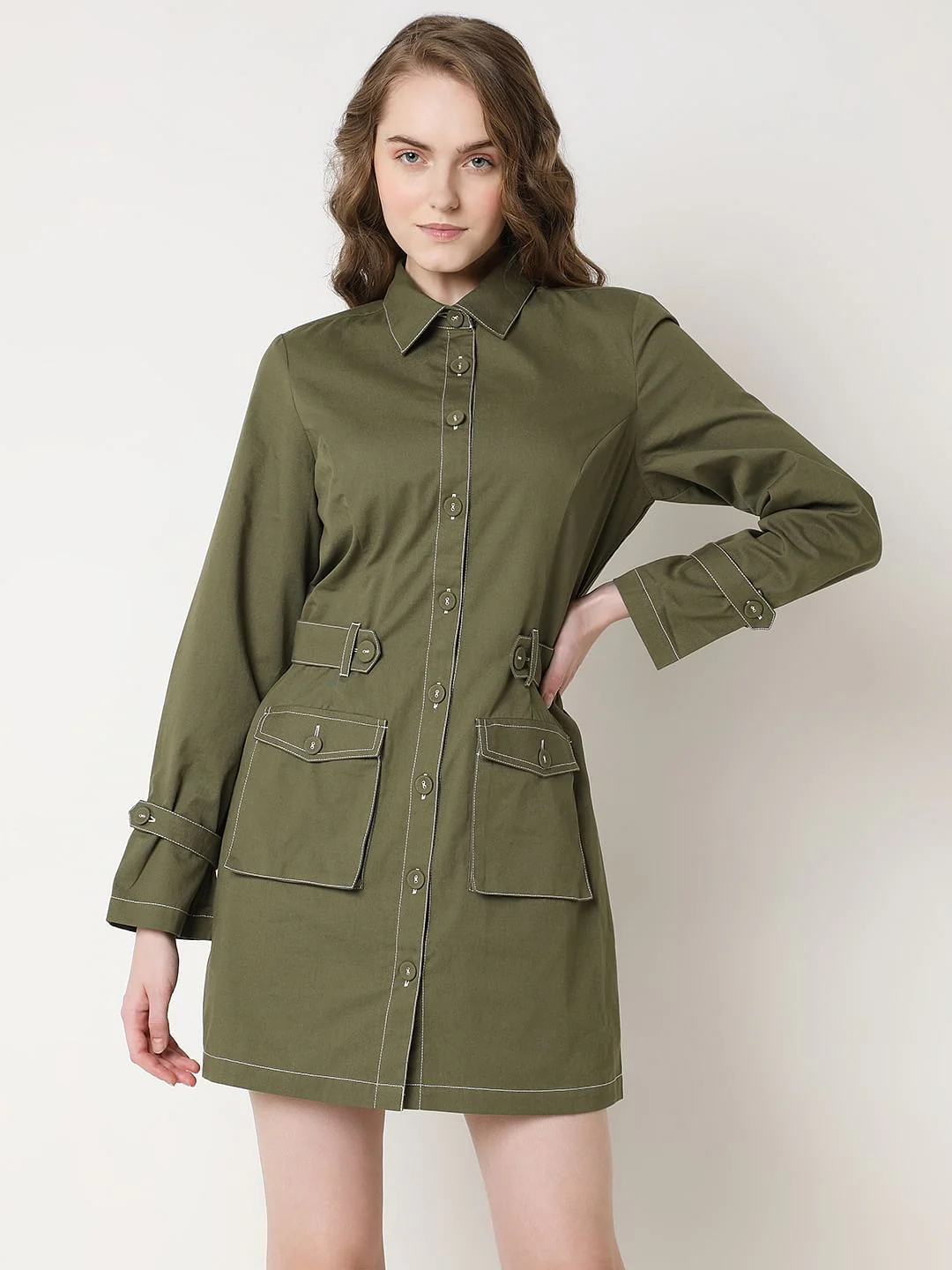 Green Contrast Stitch Detail Mini Dress - Image 2