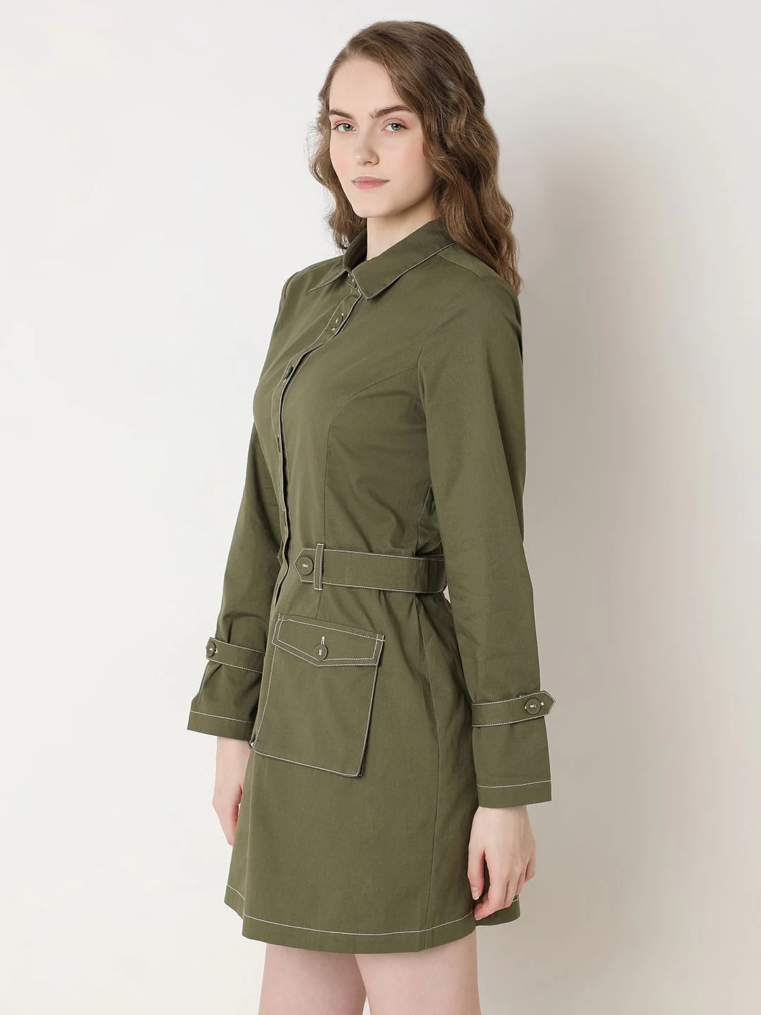 Green Contrast Stitch Detail Mini Dress - Image 3