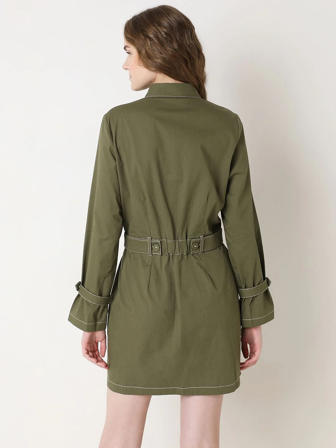 Green Contrast Stitch Detail Mini Dress - Image 4