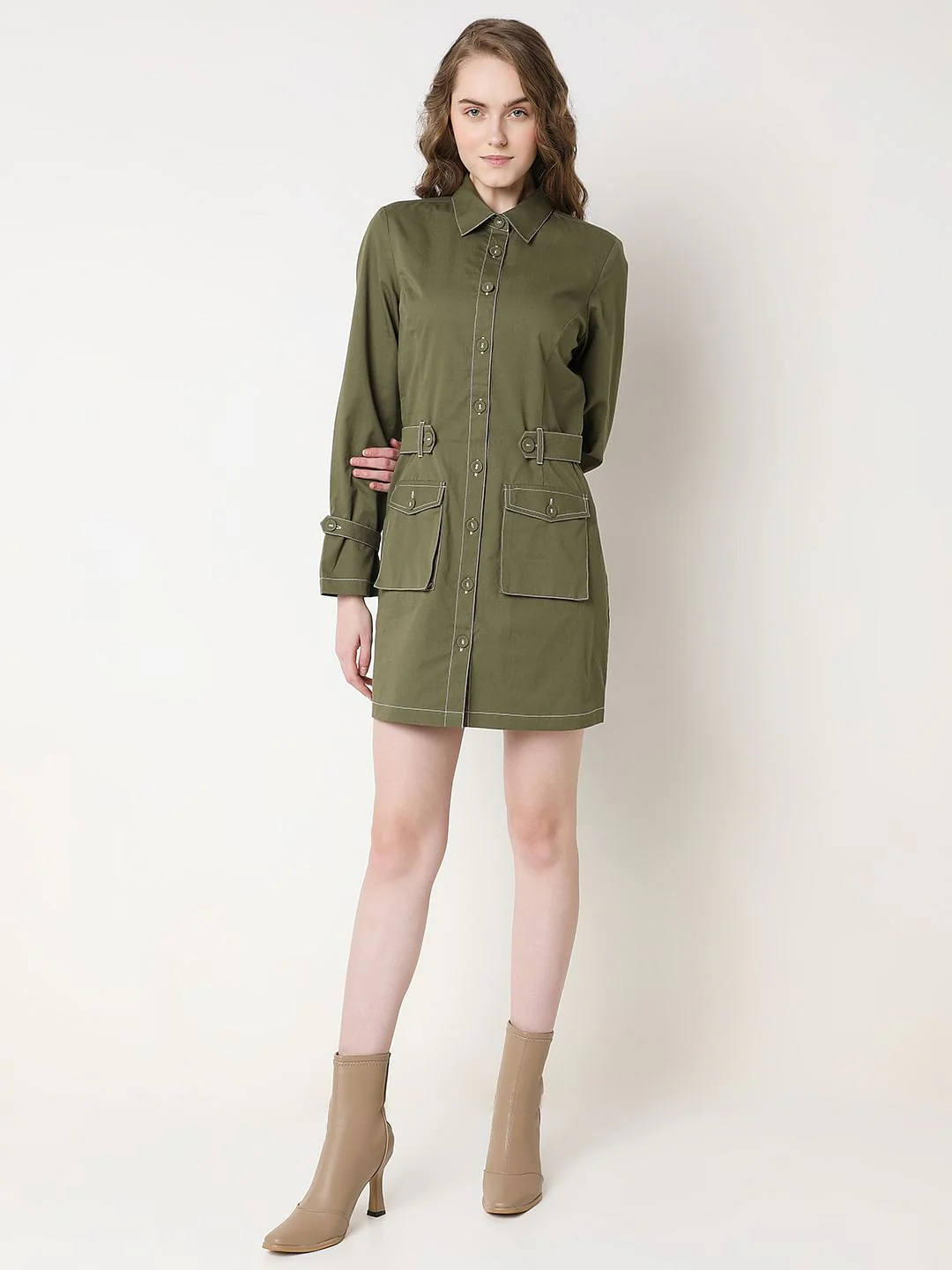 Green Contrast Stitch Detail Mini Dress - Image 5