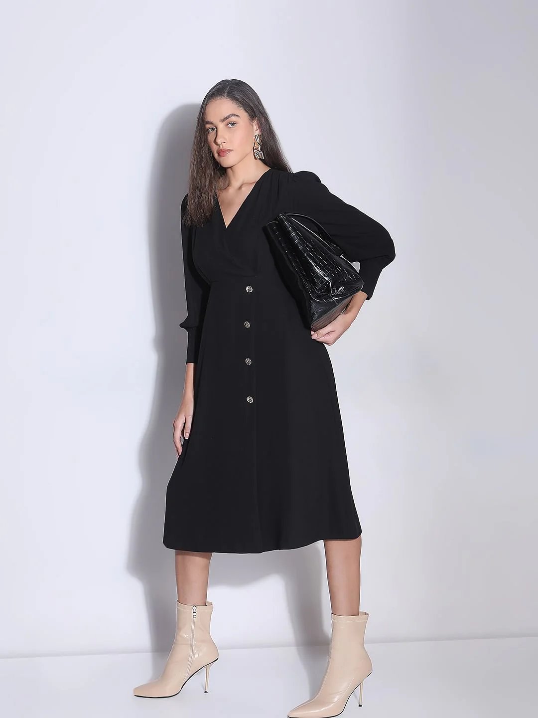 Black V-Neck Midi Dress