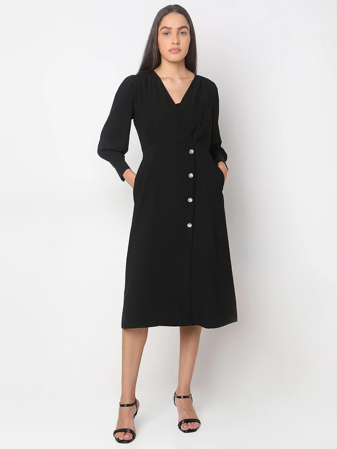 Black V-Neck Midi Dress - Image 2