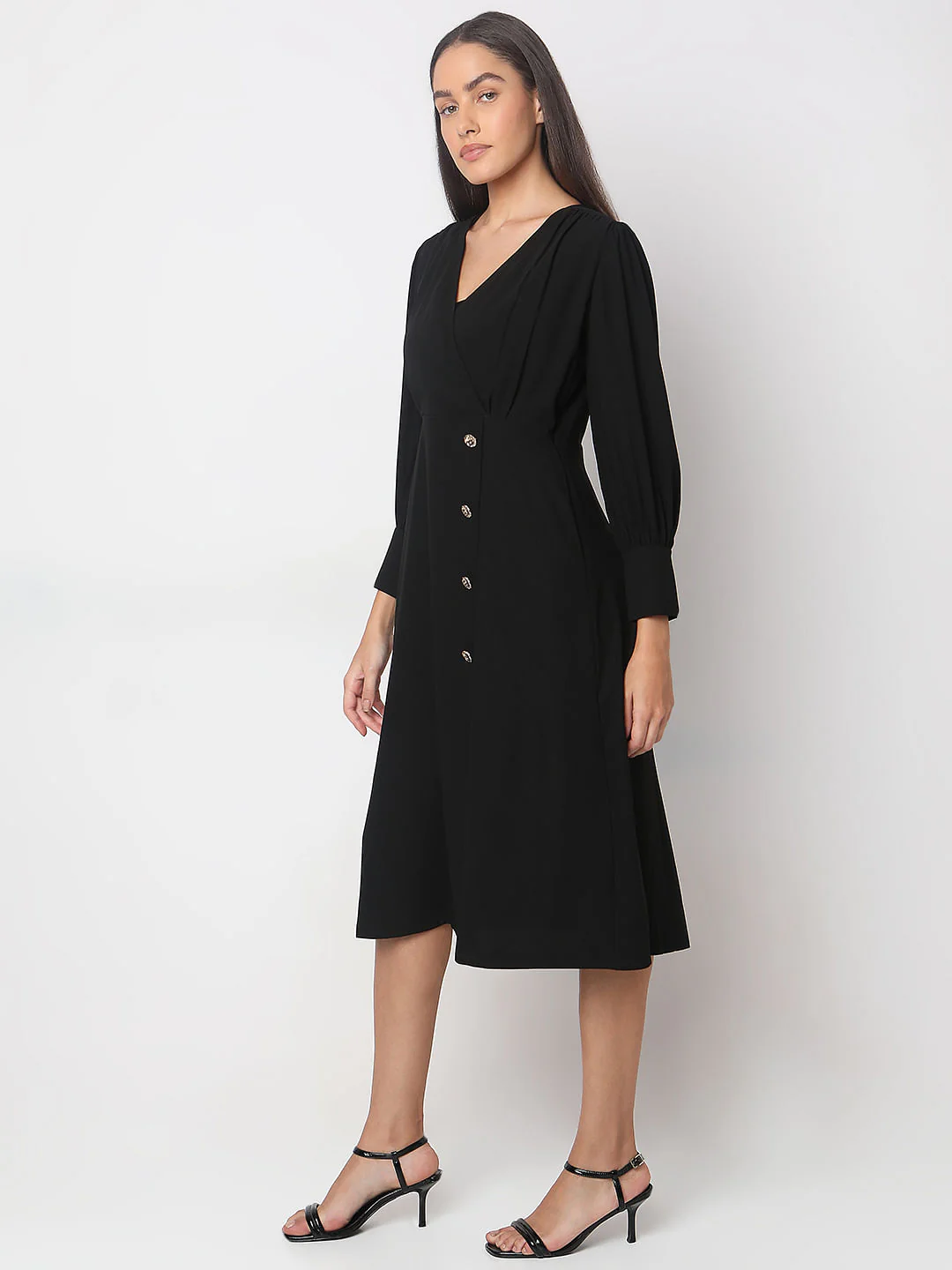 Black V-Neck Midi Dress - Image 3