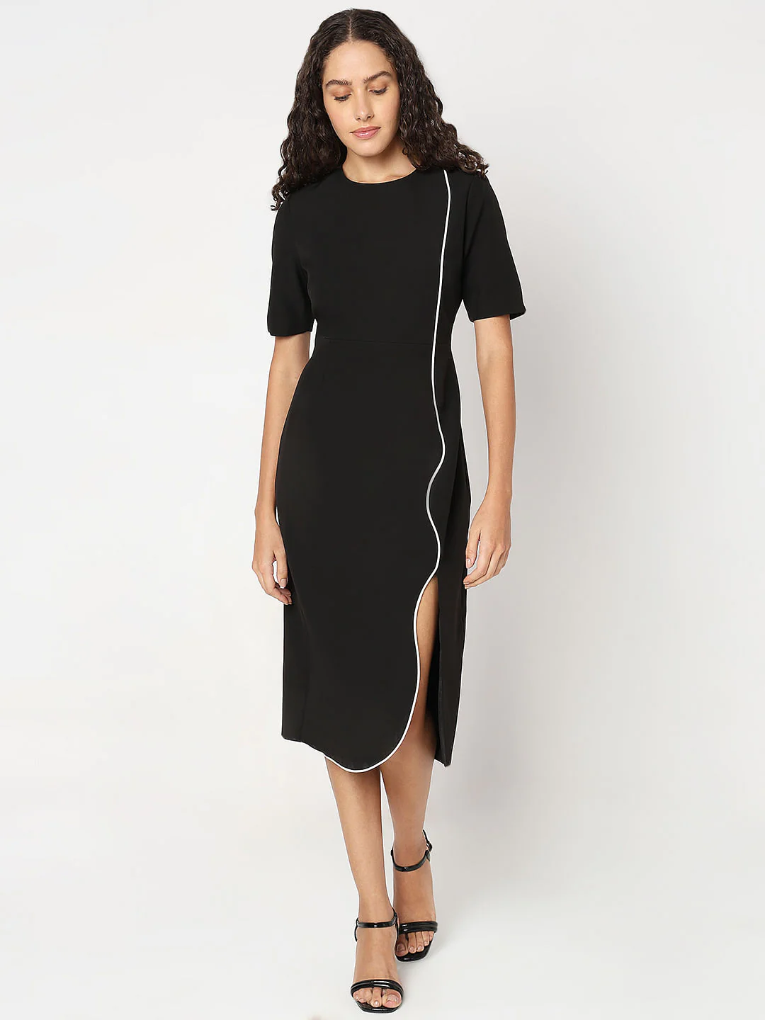 Black Contrast Pipping Midi Dress - Image 2