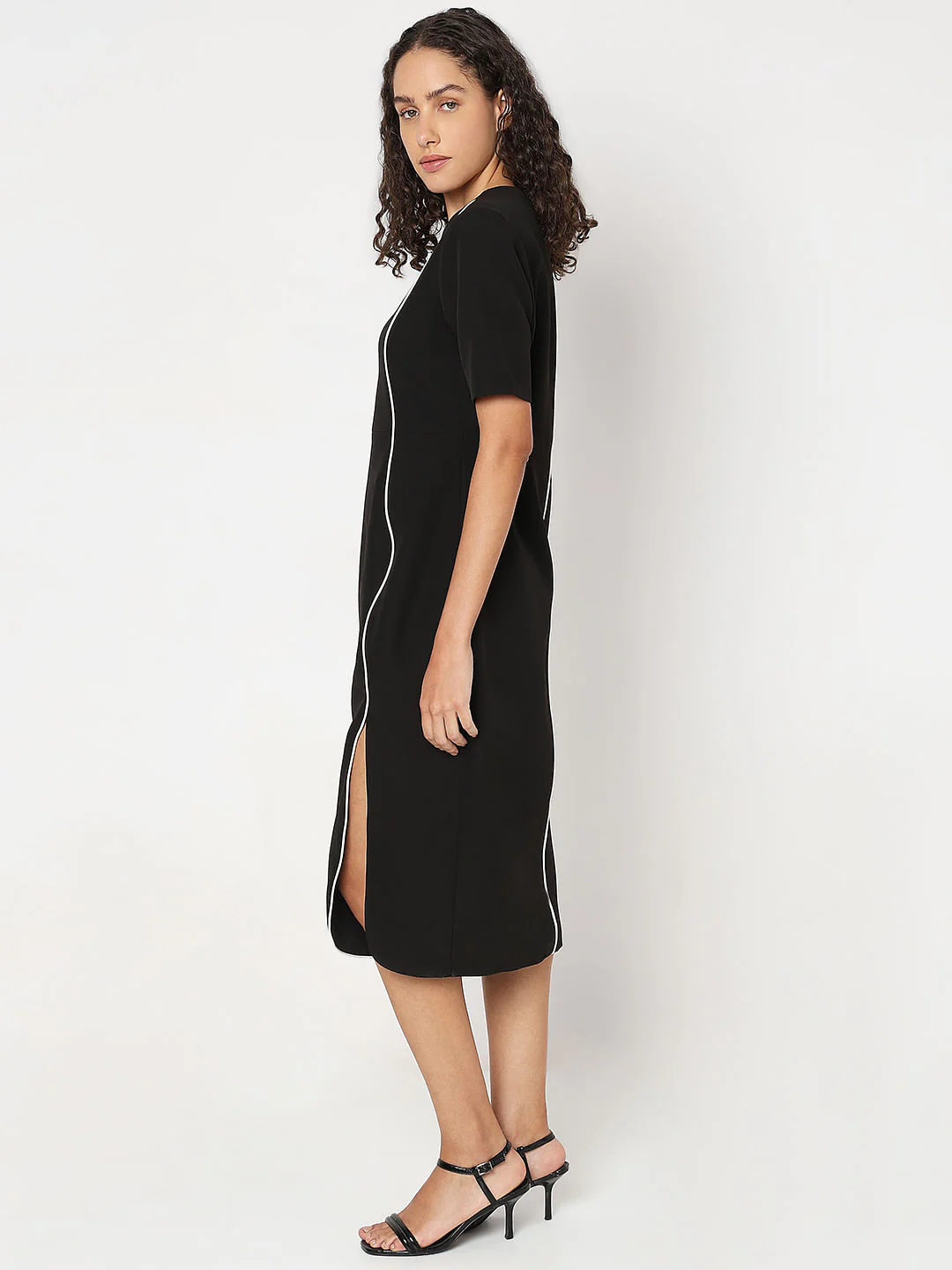 Black Contrast Pipping Midi Dress - Image 3