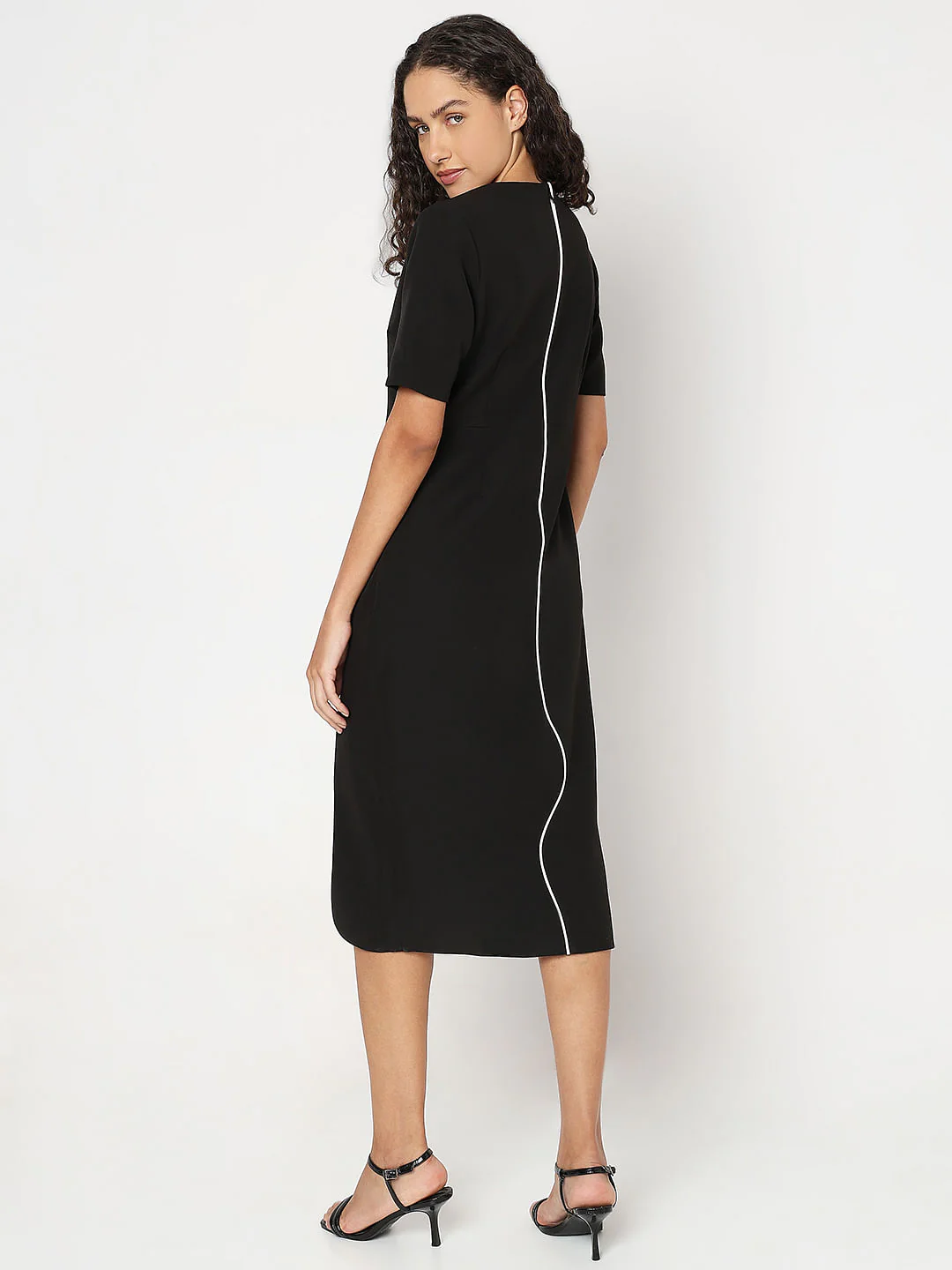 Black Contrast Pipping Midi Dress - Image 4