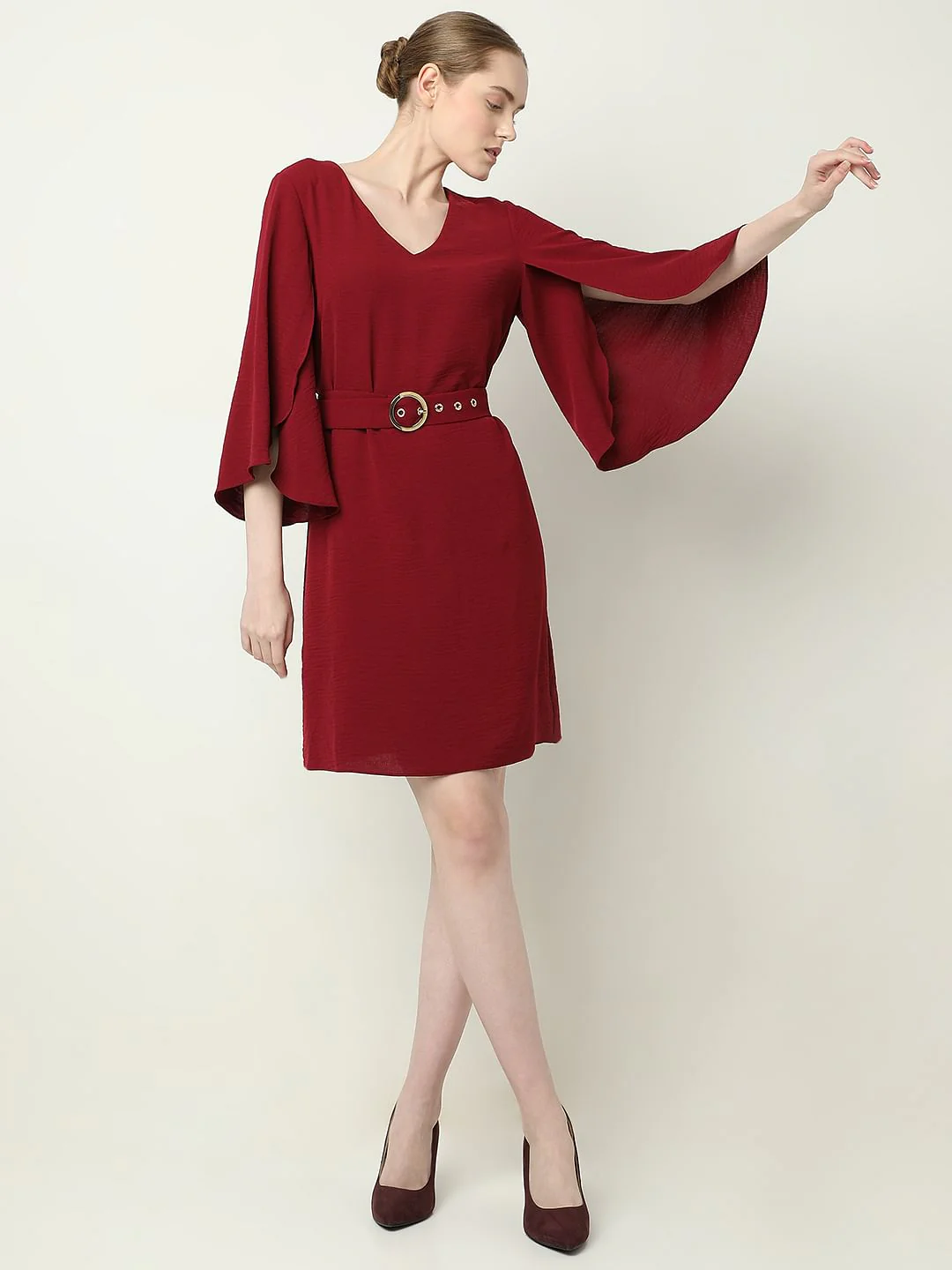 Red V-Neck Mini Dress - Image 5
