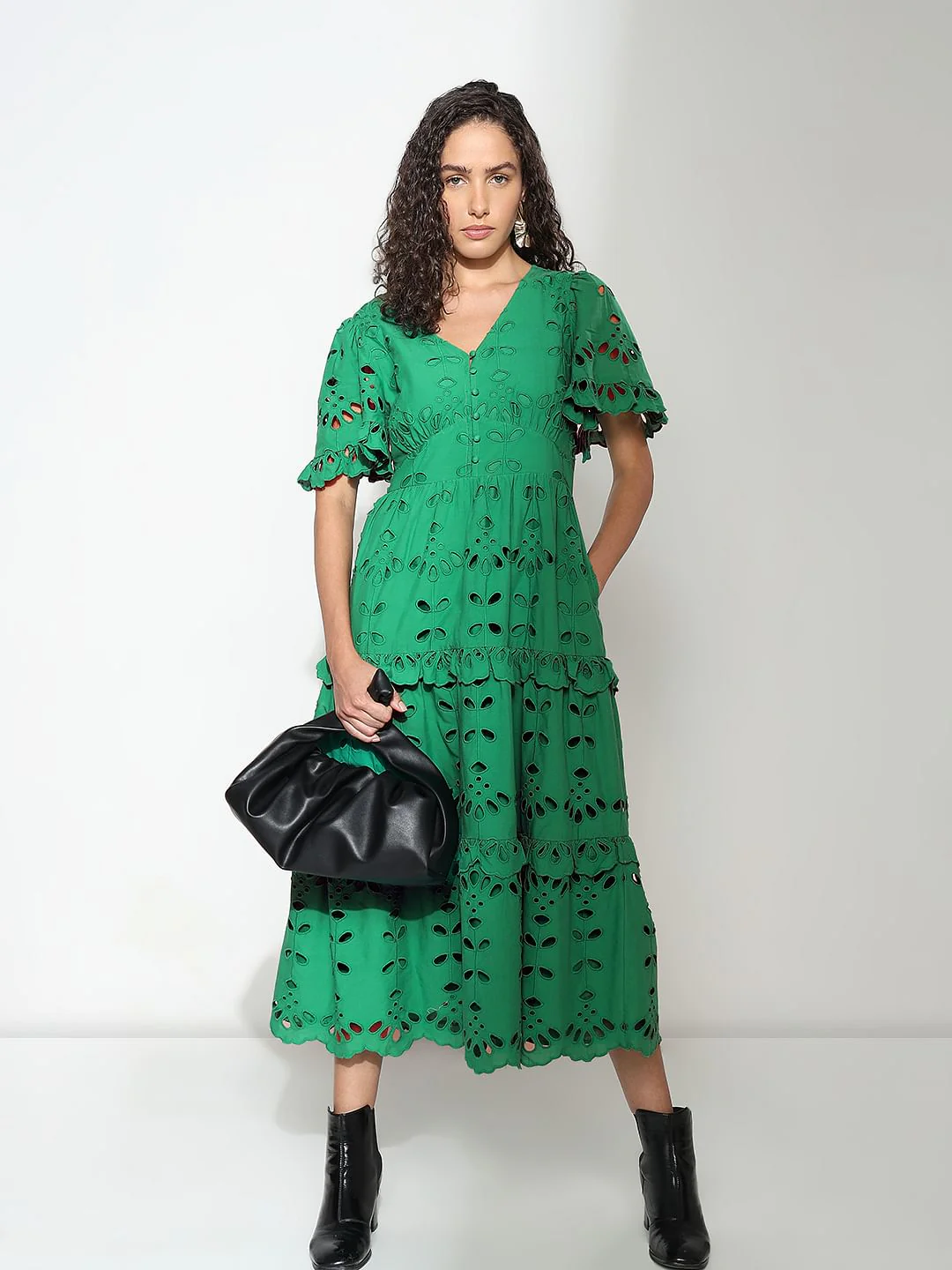 Green Floral Cut-Out Midi Dress