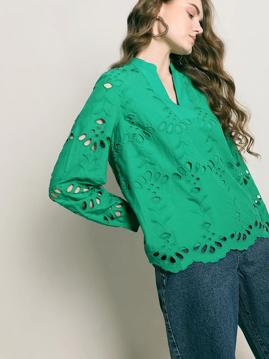 Green Floral Cut-Out Top