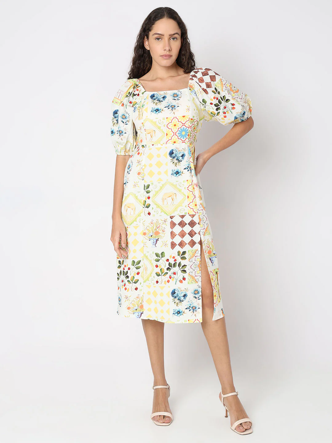 Pale Yellow Floral Midi Dress - Image 2