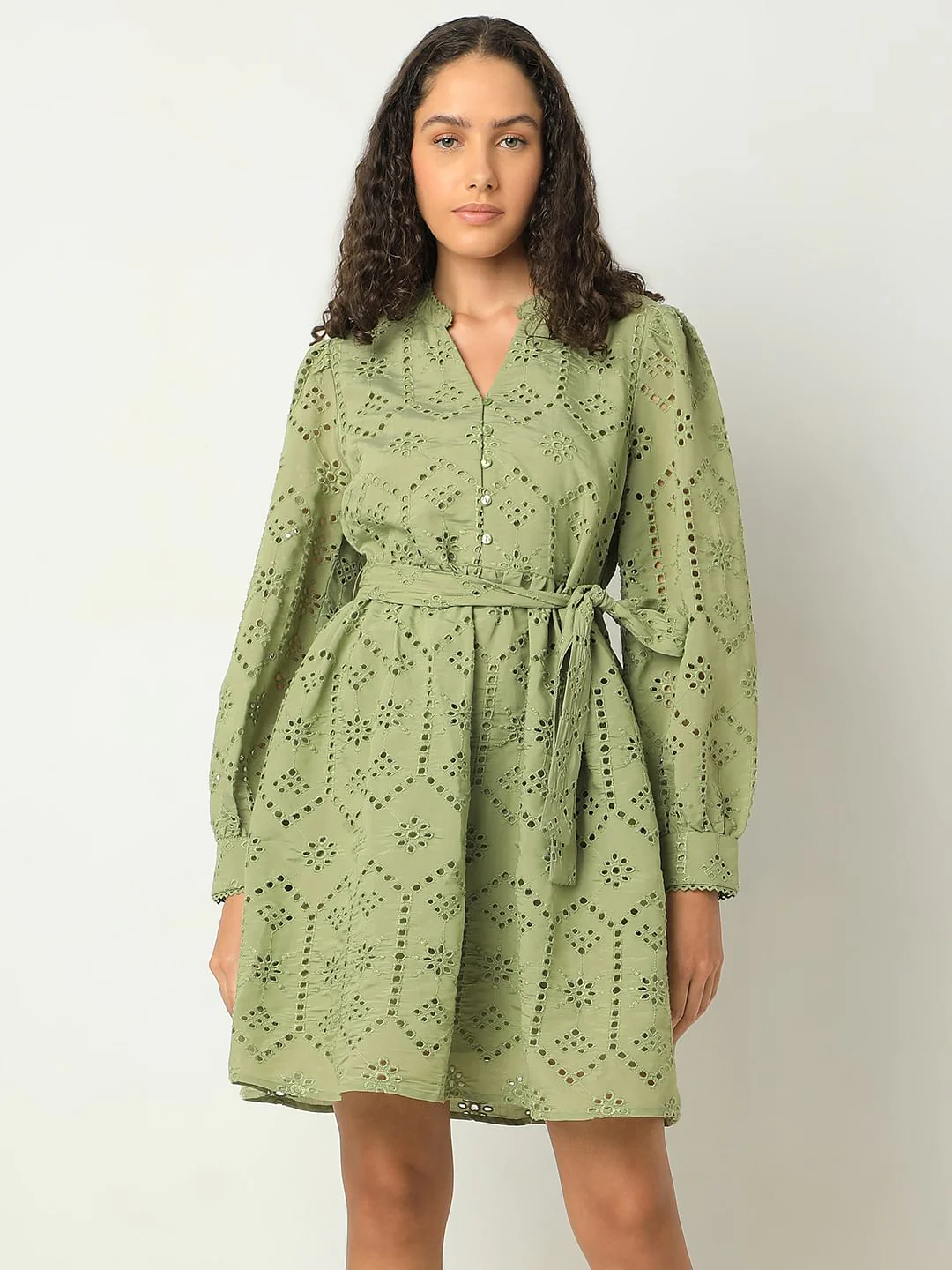Green Floral Cut-Out Fit & Flare Dress - Image 2