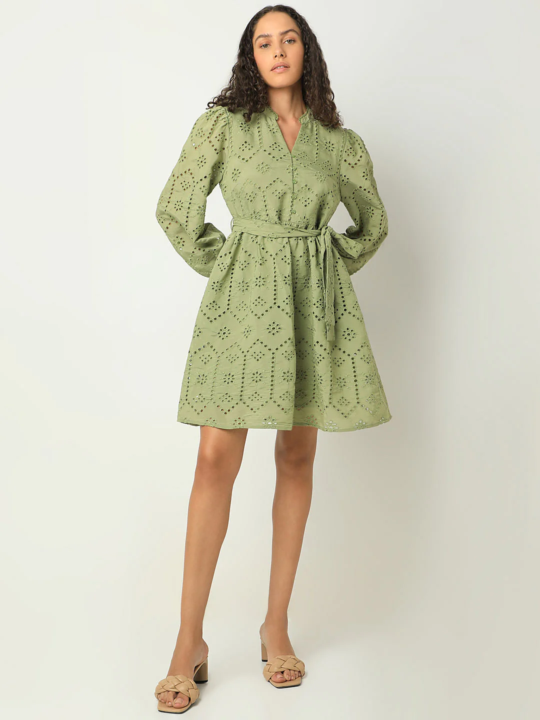 Green Floral Cut-Out Fit & Flare Dress - Image 5