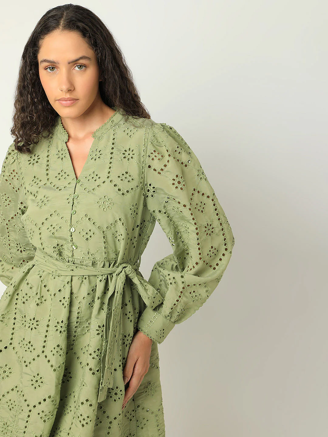 Green Floral Cut-Out Fit & Flare Dress - Image 6