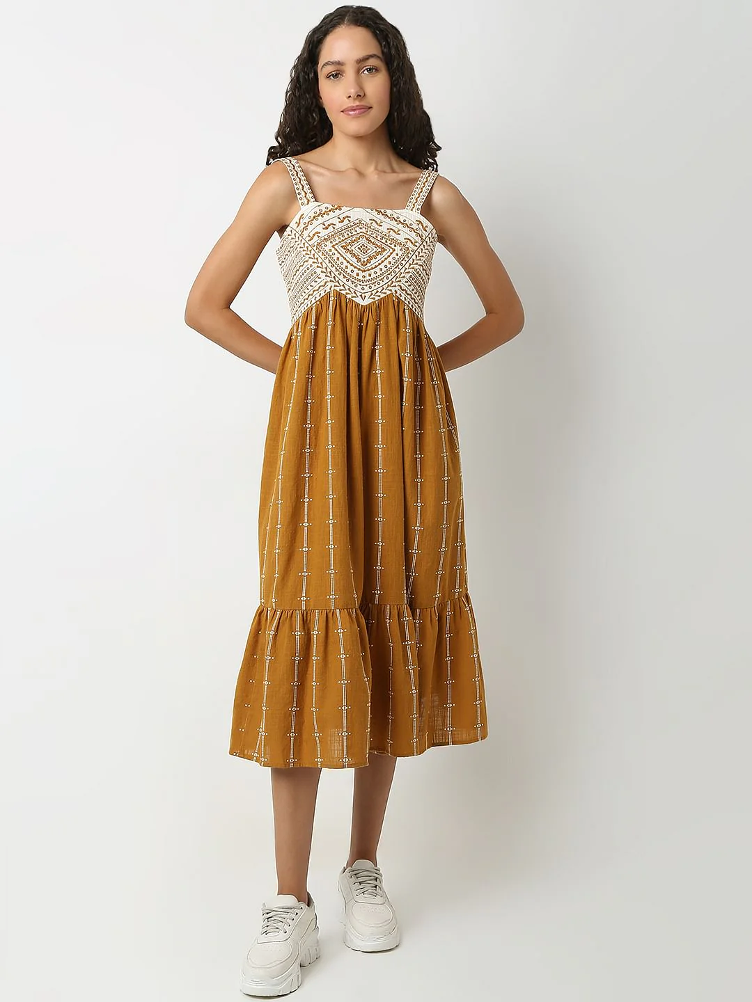Mustard Embroidered Midi Dress - Image 2