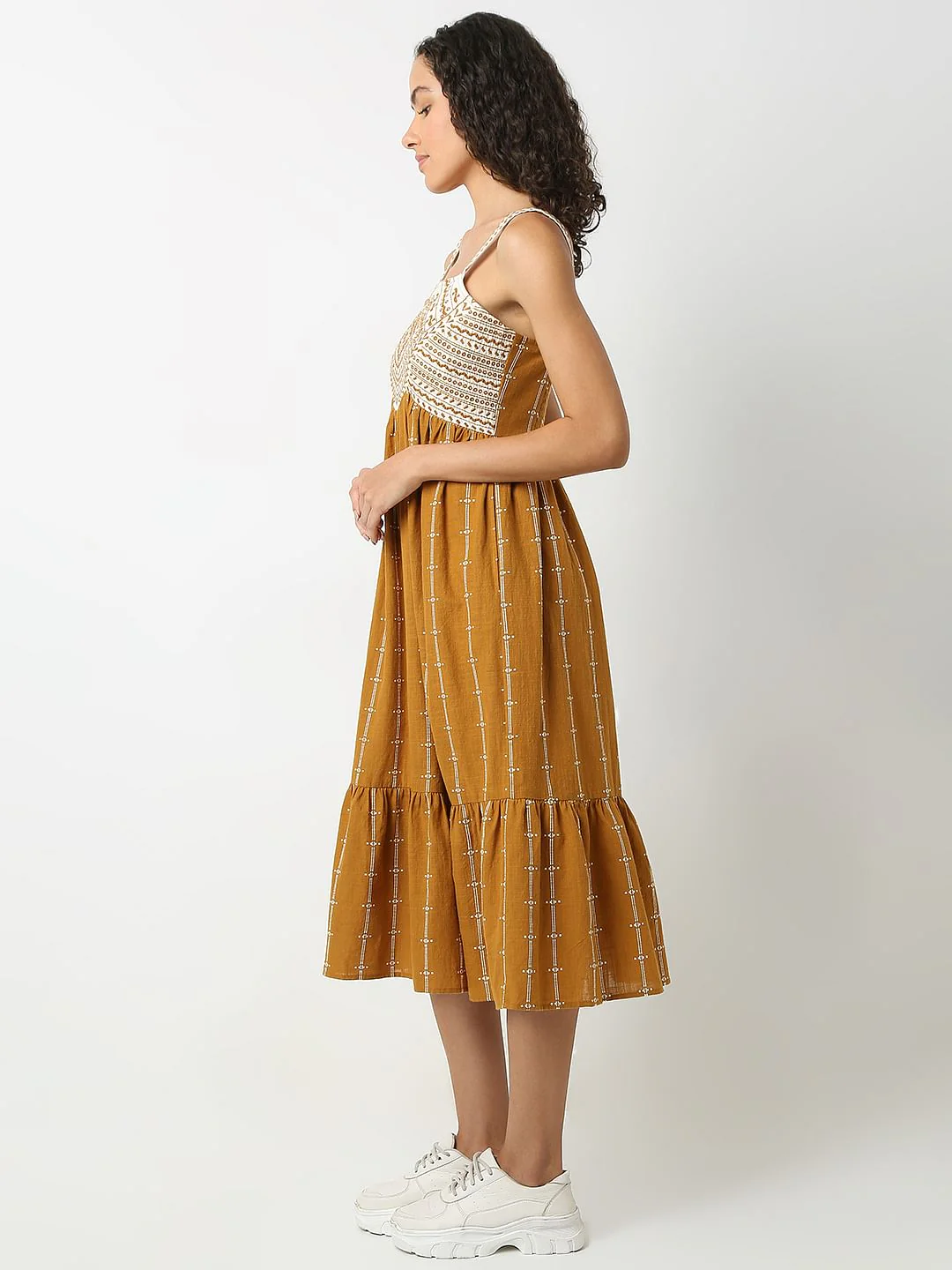 Mustard Embroidered Midi Dress - Image 3
