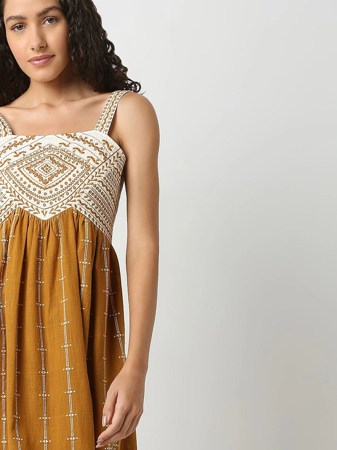 Mustard Embroidered Midi Dress - Image 5