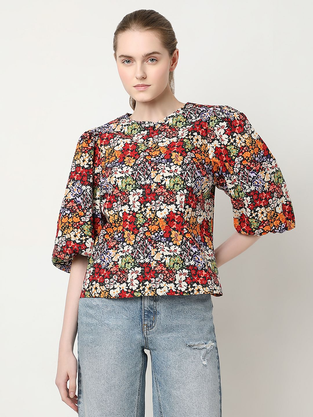 Black Floral Print Cotton Top - Image 2